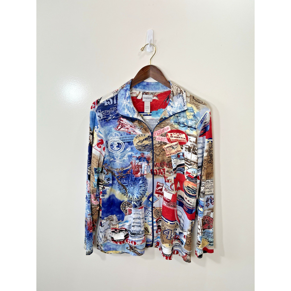 Chico's Women’s Jacket Size M 1 Multicolor Travel Print Vacation Vibrant Comfy